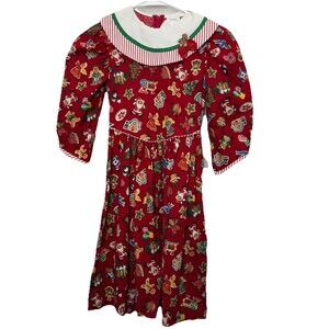 Vintage Cottagecore Christmas Dress Girls Size 8 Red 3D Gingerbread Cotton USA